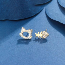 Aloluo CZ Asymmetry Cat Fish Bone Stud Earrings for Women Gold Plated Cubic Zirconia Hypoallergenic Cute Studs Cartilage Post Dainty Anniversary Birthday Party Jewelry Gifts for Cats Lovers