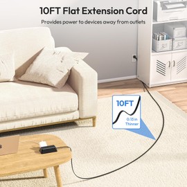 10FT Black Extension Cord, NTONPOWER 1080J Flat Plug Surge Protector Power Strip with 6 Outlets & 3 USB Ports (1USB C), 3 Side Outlet Extender, Wall Mounted Extension Cord for Home Office Living Room