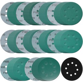 5 Inch 8 Hole Sanding Discs, 100 Pcs Wer Dry Sanding Disc 60 80 100 120 150 180 240 320 400 600 Grits Hook and Loop Green Polyester Film Backed Sandpaper with Interface Pad for Random Orbital Sander