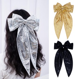 Eternal Beauty Bow Hair Clip, Hair Bows for Women Big Bowknot Hairpin French Hair Clips with Solid Color Hair Barrette Clips Soft air Bows Accessories for Women Girls 2Pcs (Silver and Black)