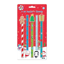 Kids Create Pack 5 Children's Christmas HB Pencils & Novelty Festive Erasers Set