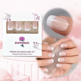 Elevenail Press on Nails Natural Nude Pink White with Glitter French False Nail Art Tips Short Round Full Cover Fake Nails Faux Ongles Salon Manicure Reusable Acrylic Nails for Daily Home Office