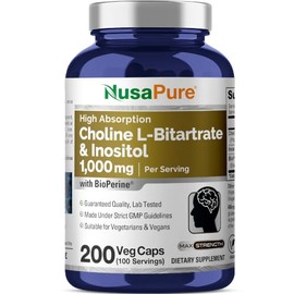 Colina e inositol 1000 mg - 200 cápsulas vegetales (100% vegetariano, sin OMG y sin gluten)