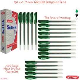 SAINO 20 x 0.7mm Fine Tip Softek GREEN Ballpoint Pens NON DRY GUARANTEE