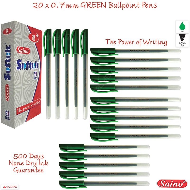 SAINO 20 x 0.7mm Fine Tip Softek GREEN Ballpoint Pens