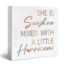 JXREQ Nursery Shelf Table Decor Baby Girls Inspirational Wood Box Sign, Girls Room Decor Playroom Bedroom, She is Sunshine Mixed with a Little Hurricane Sign Desk Decor, 5x5 Inch, White