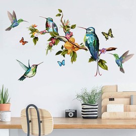 WandSticker4U® - Vintage Wall Sticker Kolibri on the Tree Branch (89 x 50 cm) I Wall Sticker Birds on Branch Butterflies Retro I Wall Sticker Kitchen Living Room & Bedroom Bathroom Hallway Decoration
