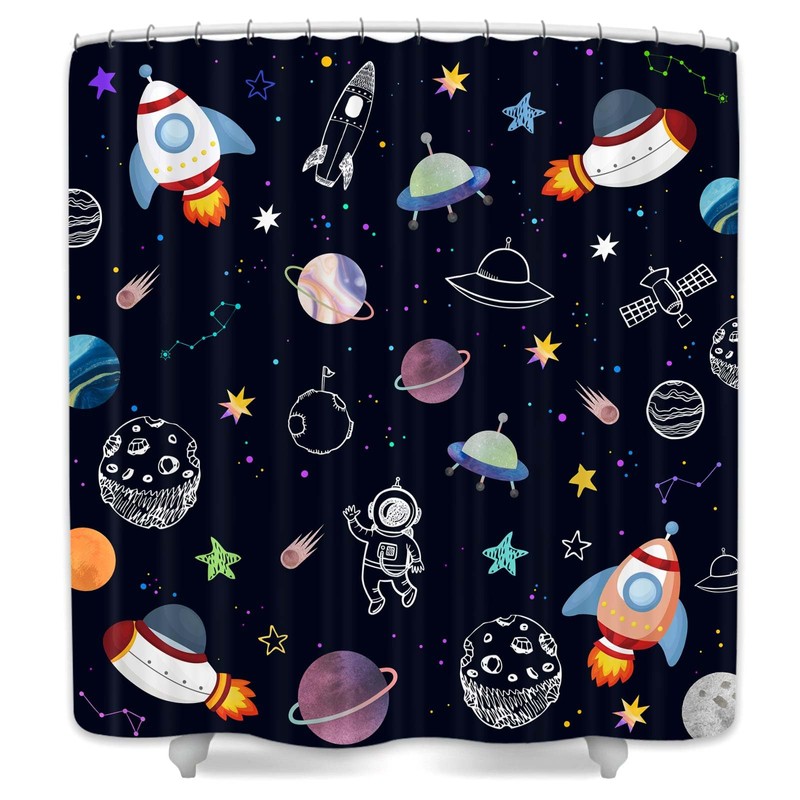 Outer Space Shower Curtain for Kids, Funny Cartoon Rocket Planet