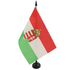 AZ FLAG HUNGARY COAT OF ARMS TABLE FLAG 5'' x 8'' - HUNGARIAN DESK FLAG 21 x 14 cm - Black plastic stick and base