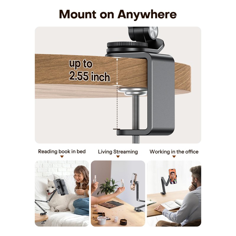 GH03 Tablet Holder with 2 ABS Clamps, Aluminum Long Arm