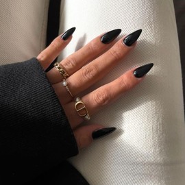 Black Press on Nails Almond Shaped Medium Almond Nails Press on Neutral Acrylic Nails Reusable Fake Nails for Women Girls, Glue on Nails Medium Length Stiletto False Nails Soft Gel Artificial Nails