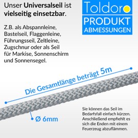 Toldoro® Rope 5 m and diameter 6 mm grey including 4 rope clamps, awning rope made of polyester, rope with tensile load of 800 kg and breaking load 1050 daN, awning pulley
