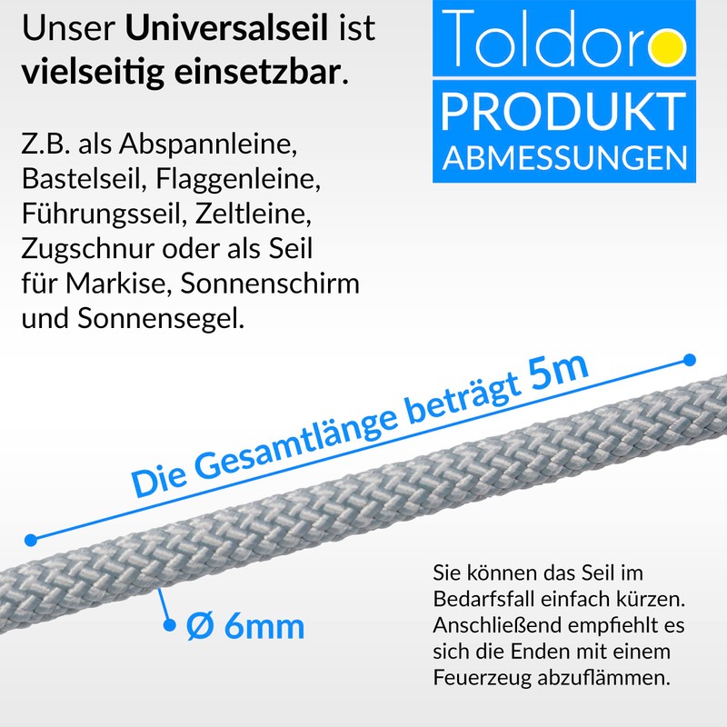 Toldoro® Rope 5 m and diameter 6 mm grey including