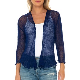 SHU-SHI Shrug Sweaters For Women Lightweight Summer Cardigan Knitted Tie Front 3/4 Sleeve Sweater Dressy Shrugs for Evening Wear Dresses Dark Blue