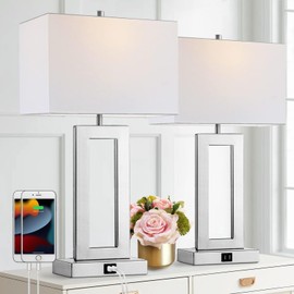 gernehop Silver Table Lamps Set of 2 with Dual USB Ports,3-Way Dimmable Touch Control Bedside Lamps,Modern Bedroom Table Lamp for Living Room,Nightstand LED Bulbs Included