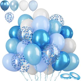 60pack 12Inch Pastel Metallic Blue White Balloons Set, Thick Latex Party Balloons for Graduation, Baby Shower, Space Boys Birthday Party Decorations