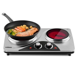 Hot Plate, CUSIMAX Electric Double Burner, Portable Ceramic Infrared Cooktop, Dual Control Cooking Stove, Heat-Up in Seconds, Compatible for All Cookwares, Silver