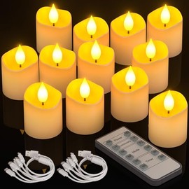 PChero - Velas recargables sin llama con temporizador remoto, 12 velas votivas eléctricas parpadeantes con 2 cables de carga USB para bodas, Navidad, otoño y decoración del hogar