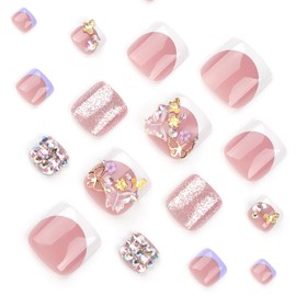 24 Pcs Blue White French Press on Toenails Short Square - WLGDLH Fake Toe Nails Press ons Pink Glue on Nails with Glitter Rhinestone Butterfly Designs Full Cover Acrylic False Toe Nail Charm for Women