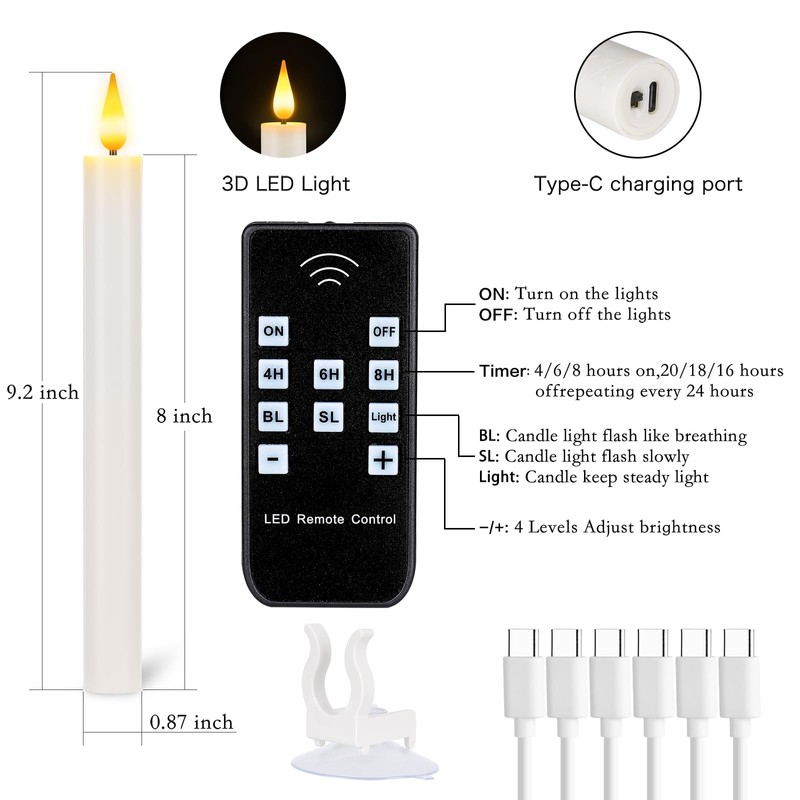 UniEasy 6Pcs Rechargeable Window Flameless Taper Candles with Remote Control