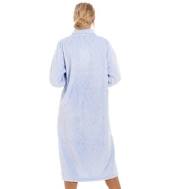 Camille Women's Super Soft Fleece Housecoat -Diamond Print Button Up Bathrobe - Long Sleeved and Side Pockets for Ultimate Comfort & Warmth Blue 10-12