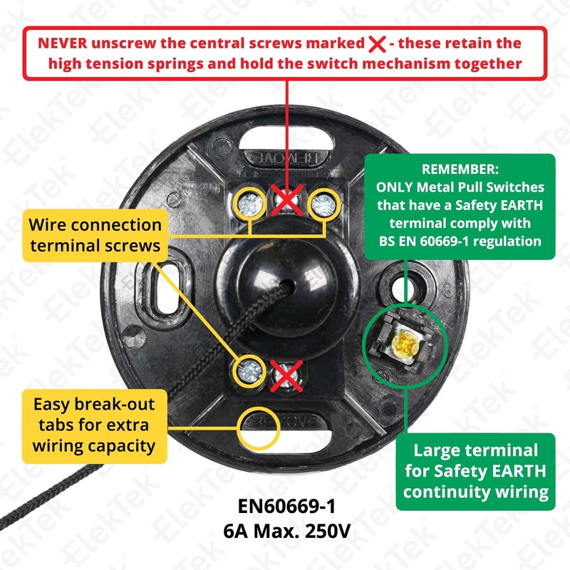 ElekTek Premium Matt Black Bathroom Light Pull Cord Switch Kit