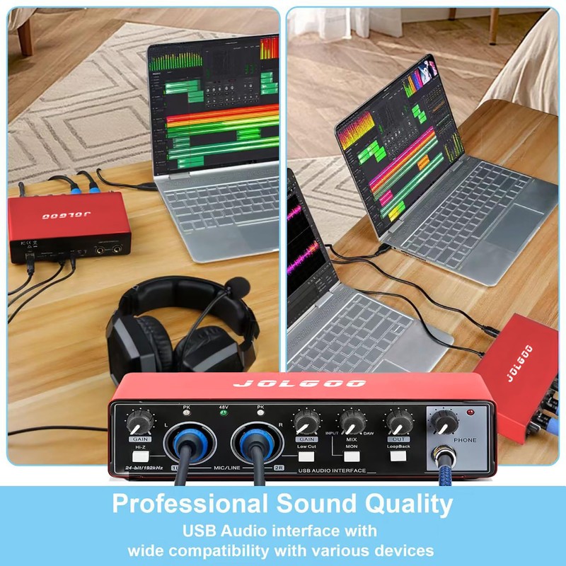 USB Audio Interface, Red 24-Bit/192kHz Plug & Play Recording Sound