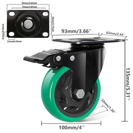BZOLIHEU Caster Wheels 4 Inch, Swivel Plate Casters Set of 4 Heavy Duty 2000lbs,Furniture Wheels with Brake, Polyurethane Castor Wheels for Workbench, Cart(,Green,Screws Included)