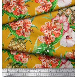 Soimoi Gold Cotton Cambric Fabric Floral,Monstera Leaves & Pineapple Fruits Printed Craft Fabric BTY 42 Inch Wide