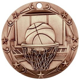 Decade Awards Basketball World Class Engraved Medal, Bronze - 3 Inch Wide Hoops Third Place Medallion with Stars and Stripes American Flag V Neck Ribbon - Customize Now