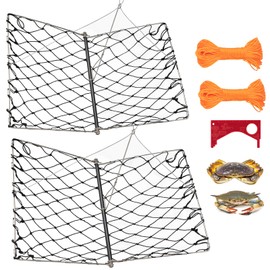 QualyQualy 2 Set Castable Crab Trap, Foldable Crabbing Net with Rope & Bait Clip, Crab Snare/Pots/Traps for Blue Crabs, Dungeness, Crawfish Portable Crabbing Equipment
