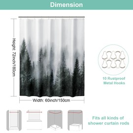 ORTIGIA 60x72 Misty Forest Stall Shower Curtain for Small Bathroom, Dark Green Narrow Nature Woodland Shower Curtain Set with Hooks, Waterproof Fabric Pine Tree Fog Magic Home Bath Curtain