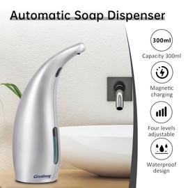 Greatmay Adjustable Automatic Soap Dispenser Touchless, 4 Adjustable Levels Touchless Sensor Liquid Soap Pump，300ml Rechargeable Magnetic Charging Hand Soap Dispenser for Kitchen，Bathroom