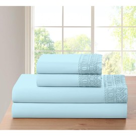 4-Piece Lace Crochet Embroidery Bamboo Bed Sheets Set Full Size | Casual Silky Soft Aqua Blue Bedding Solid Color Pattern | Luxury Deep Pocket Durable Elastic Fitted Thick | Machine Washable Cozy