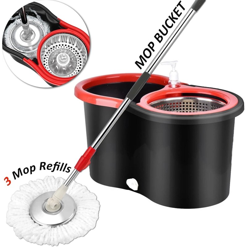360° Spin Mop and Bucket w/wringer Set +2 Microfiber Refills