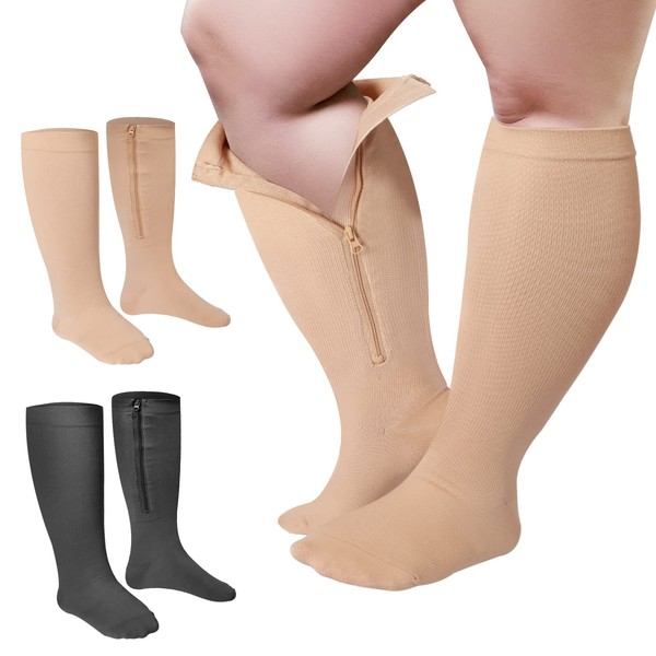 2 Pair Wide Plus Size Calf Compression Socks with Zipper