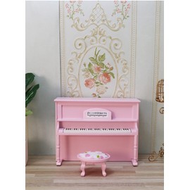 Dollhouse Grand Piano Model with Stool 1:12 Scale Miniature Musical Instrument Desk Ornaments Gift Wooden Elegant Mini House Decoration Artificial House Furniture Accessories (Pink)