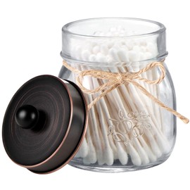 SheeChung Small Mason Jar, Glass Qtip Holder, Apothecary Jars with Lids, Bathroom Organizers and Storage, Bathroom Canister for Q-tips, Floss, Balls, Cotton Swabs, Farmhouse Decor-Oil Rubbed Bronze