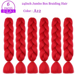 Jumbo Box Braiding Hair Extensions 24 Inch Red High Temperature Synthetic Fiber 6 pcs Colored Braiding Hair Twist Crochet Braids for Black Women(24",A12)