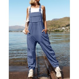 ZESICA Women's Sleeveless Overalls Jumpsuit Casual Loose Adjustable Straps Bib Long Pant Jumpsuits with Pockets,DustyBlue,X-Large