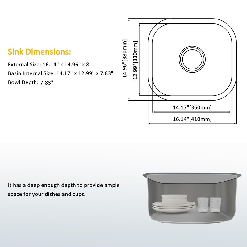 MONSINTA Bar Sink, 16" x 15" x 8" Undermount Kitchen