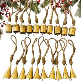 Mie Creations Set of 20 Rustic Vintage Tin Bells, Handmade Christmas Bells on Jute Rope, Decorative Christmas Tree Ornaments, 2inch Jingle Bells for Crafts, Metal Hanging Wreath Cowbells- Antique Gold