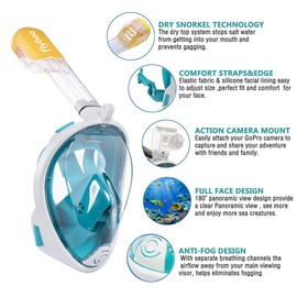 Flyboo Diving Mask, Snorkel Mask, Full Mask, 180 Degree Vision Diving Masks with Panoramic Full Face Design, Sports Cameras, Compatible Diving Goggles for Adults and Children