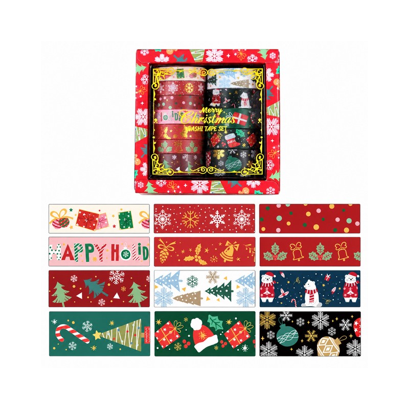 Christmas Masking Tape 12-Design Set, Gift Wrapping Journaling Decoration Deco