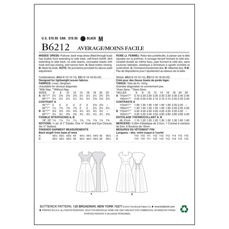 Butterick B6212 Misses' Pullover Back-Wrap Dresses - Size 14-16-18-20-22