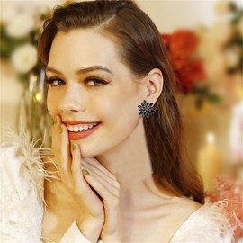 WCRAZYE Rhinestone Flower Stud Earrings for Women Elegant Large Big Sparkly CZ Cubic Zirconia Daisy Sunflower Floral Cluster Flower Burst Stud Earrings Bridal Wedding Party Prom Costume Jewelry Bride Bridesmaids Birthstone Birthday Gift (Black)