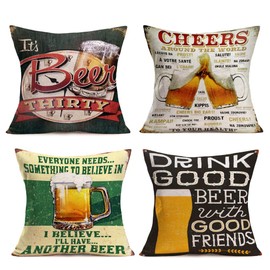 Tlovudori Vintage Beer Theme Throw Pillow Covers Cotton Linen Pillow Case Cushion Cover Cheer Quote Lettering Pattern Square Pillow Covers Set 4 Leisure Bar Home Sofa Decoration 18"x18" (Vintage Beer)