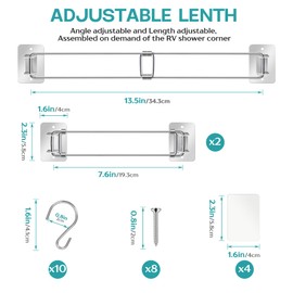 Vizava 2 Pack Extendable RV Shower Corner Storage Bar with 10 Bonus Hooks|Stainless Steel RV Bathroom Organizer Shelf,7"-13"Shower Caddy Rod Bar in Camper/Travel Trailer Bathroom Must Have Accessories