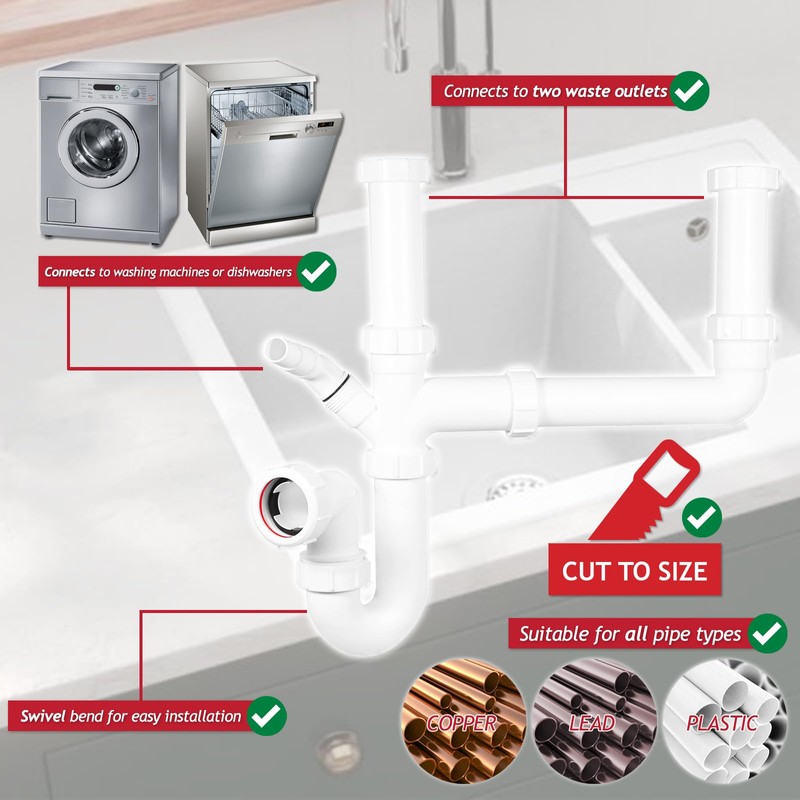 SPARES2GO Double Bowl Sink Waste Kitchen Washing Machine Dishwasher P