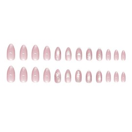 QQPPOLIU Cute Press on Nails Almond Medium False Nails with Heart Design Glue on Nails Cat Eyes Fake Nails for Women and Girls 24Pcs